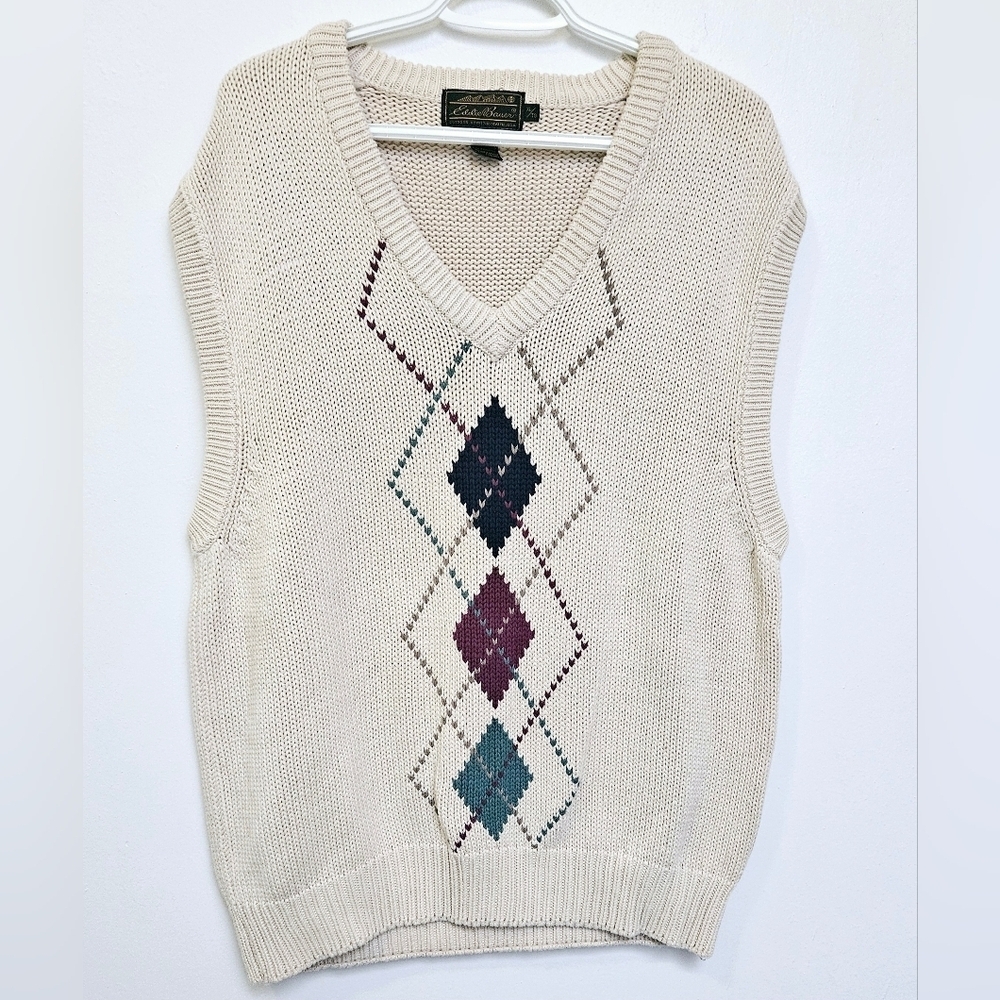 Eddie Bauer sz XL Unisex Argyle Pattern 100% Cotton V Neck Sleeveless Sweater